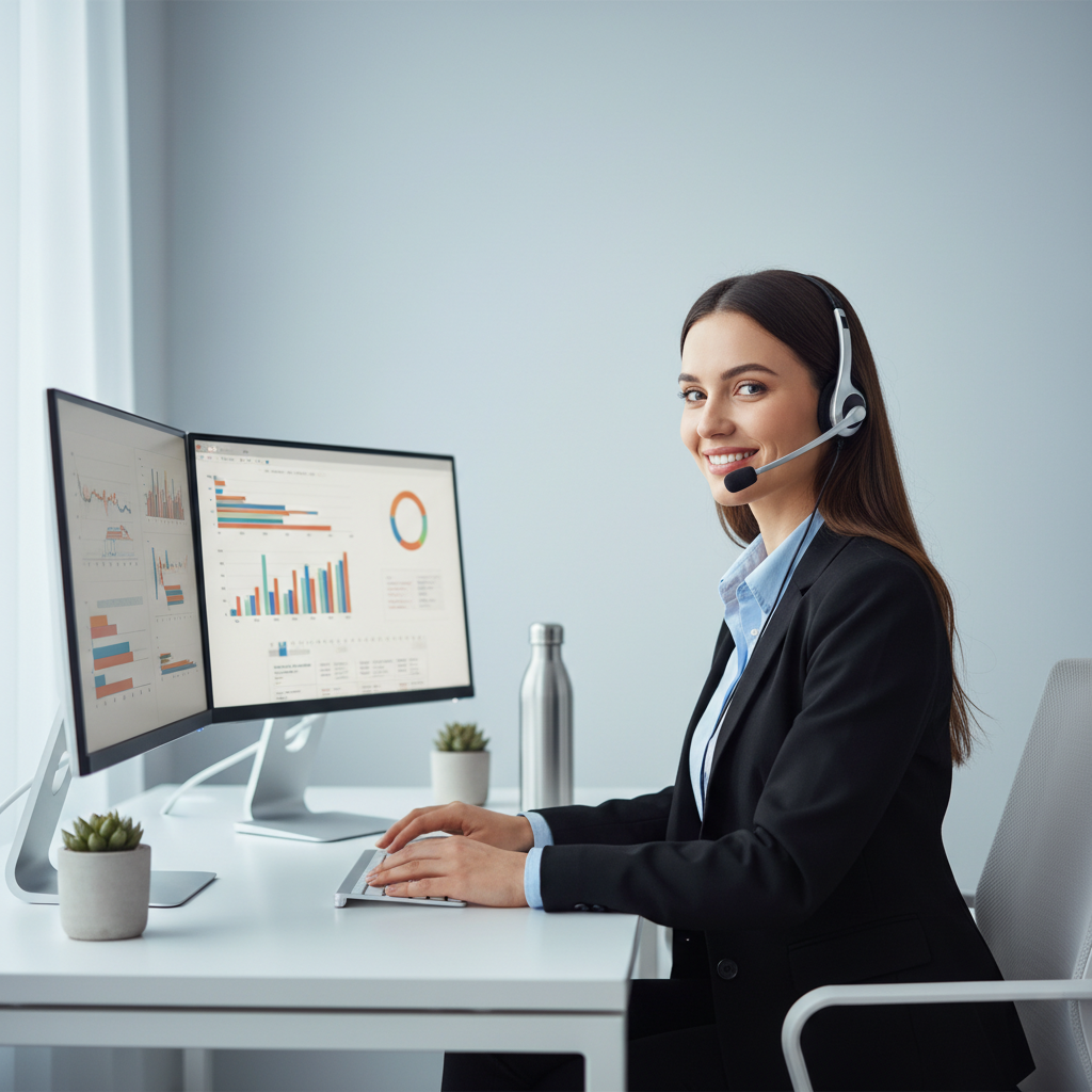 Customer support representative at a desk