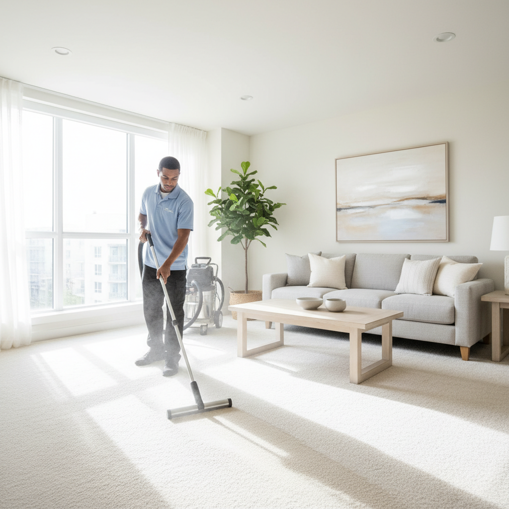 Technician performing hot water extraction on a carpet in a bright living room