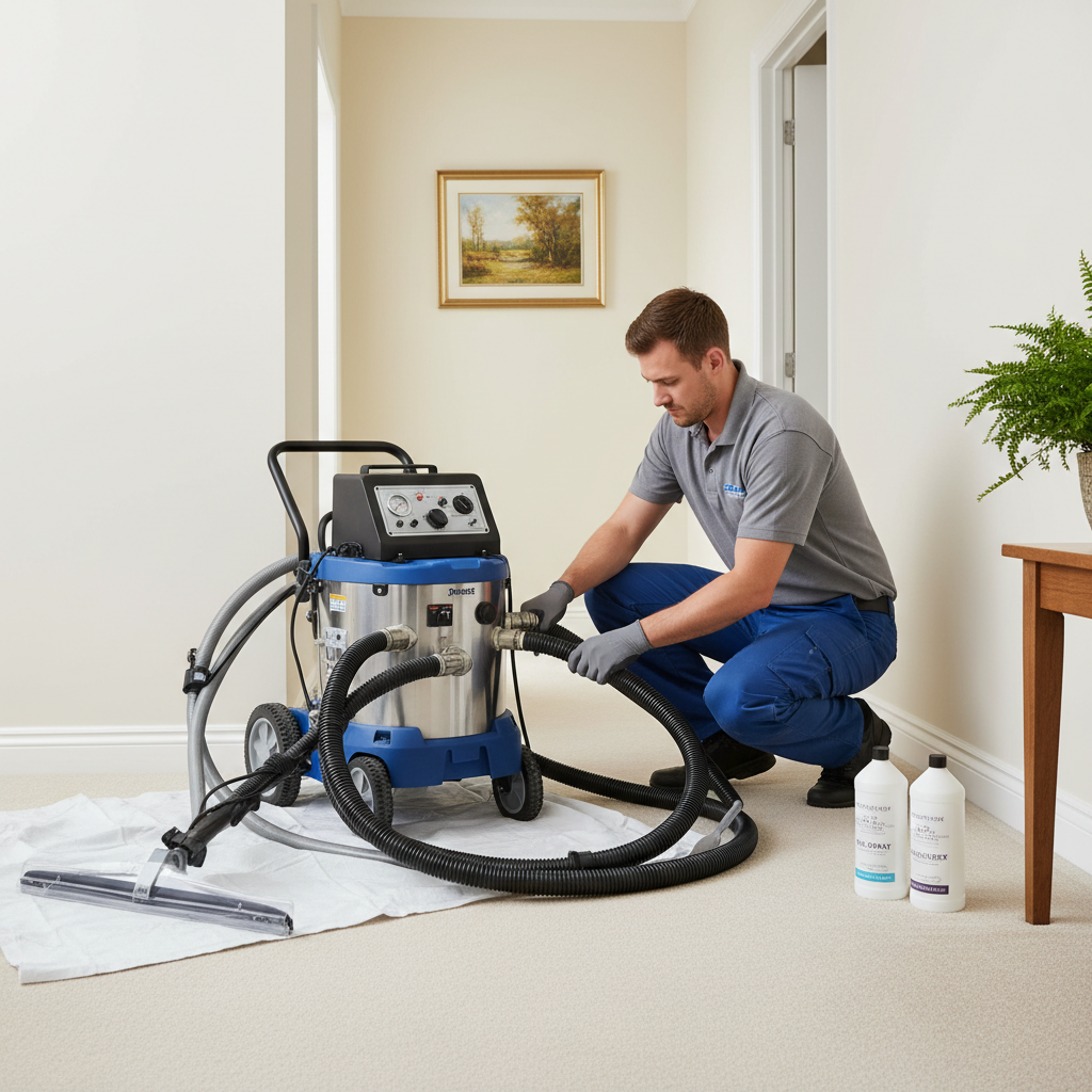 Technician preparing carpet cleaning equipment